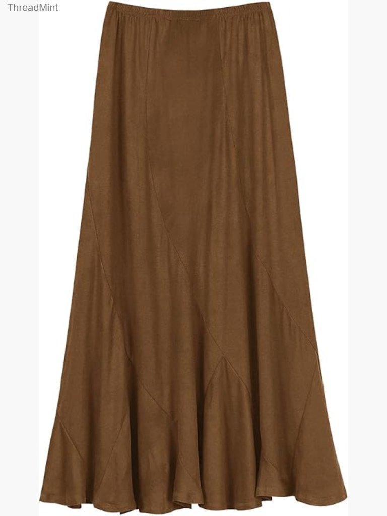 Faux Suede Elastic Waist Midi A-Line Flowy Skirt